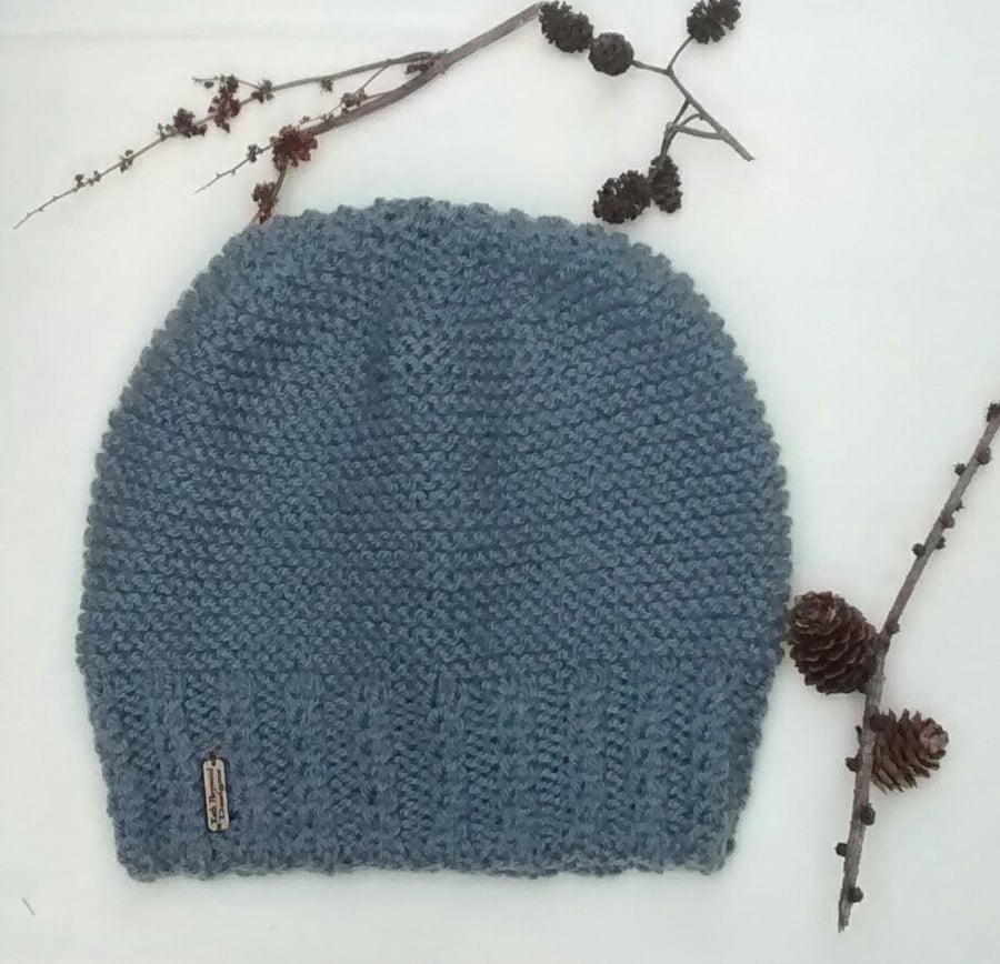 Grey Hand Knitted Beanie Hat 