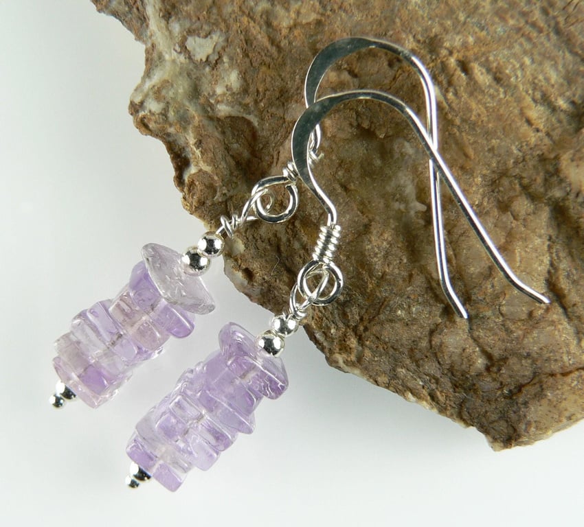 Pink Amethyst natural stone drop earrings, sterling silver, slices are 4mm