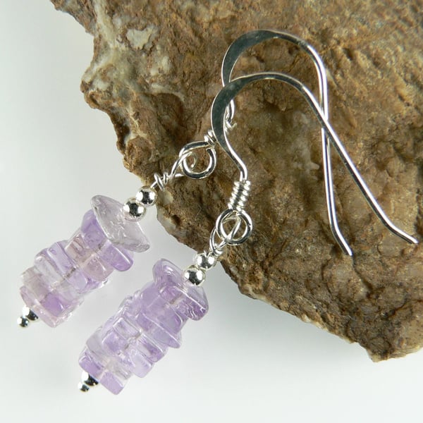 Pink Amethyst natural stone drop earrings, sterling silver, slices are 4mm