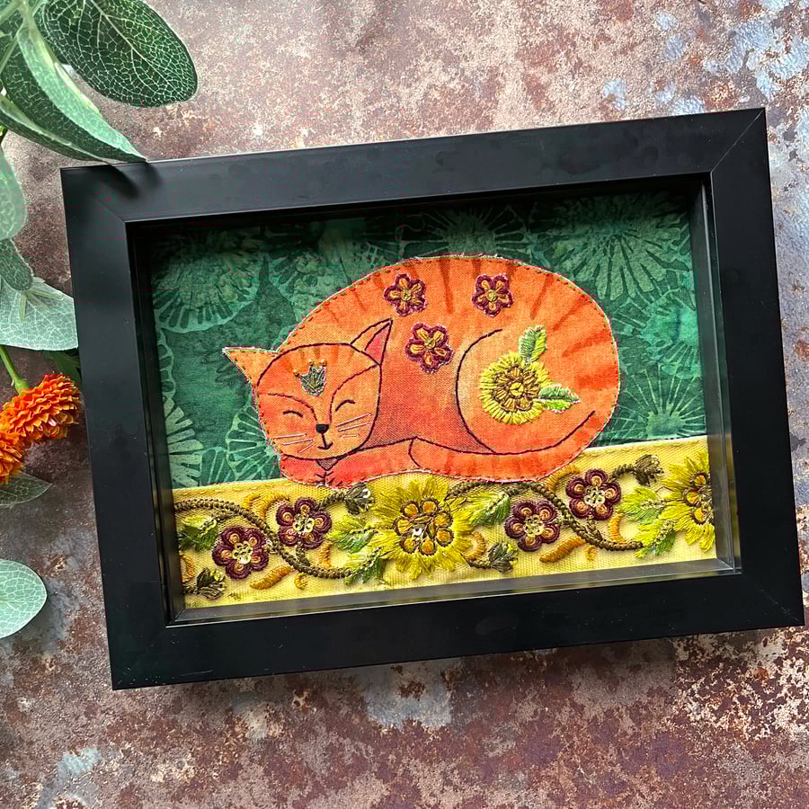 Textile cat, tabby fabric cat, hand stitched cat picture, gift for cat lover