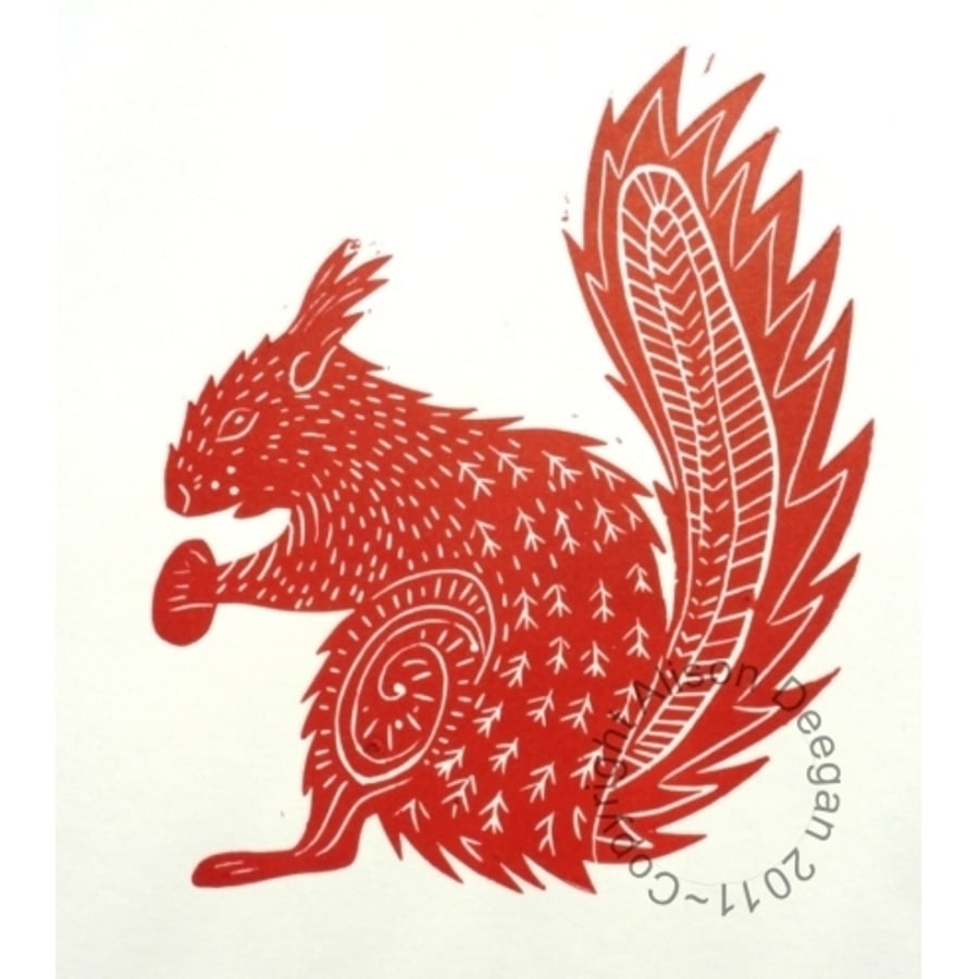 Original lino cut print "Red Squirrel"