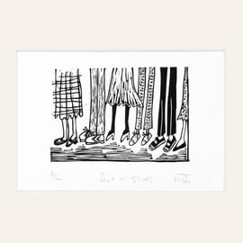 Feet in Shoes - lino print 