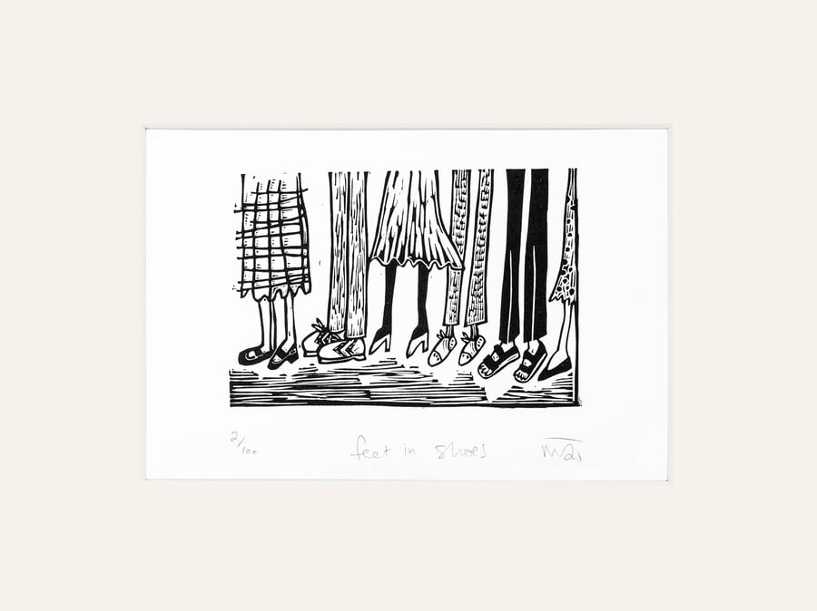 Feet in Shoes - lino print 