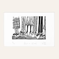 Feet in Shoes - lino print 