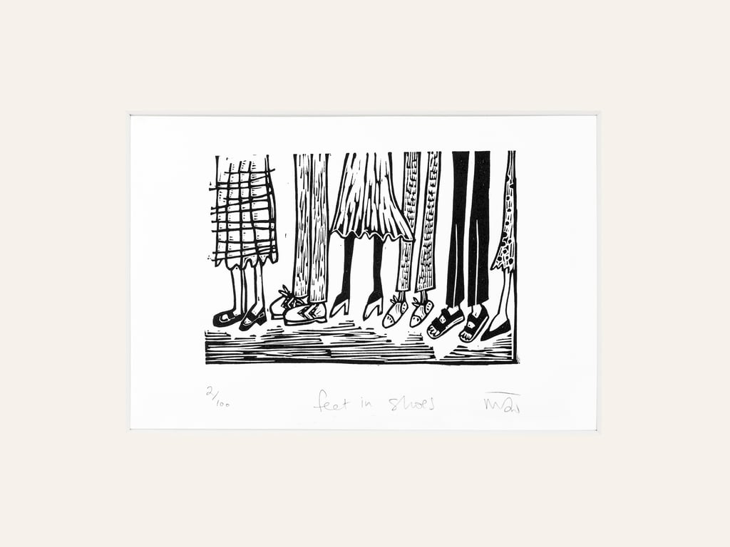 Feet in Shoes - lino print 