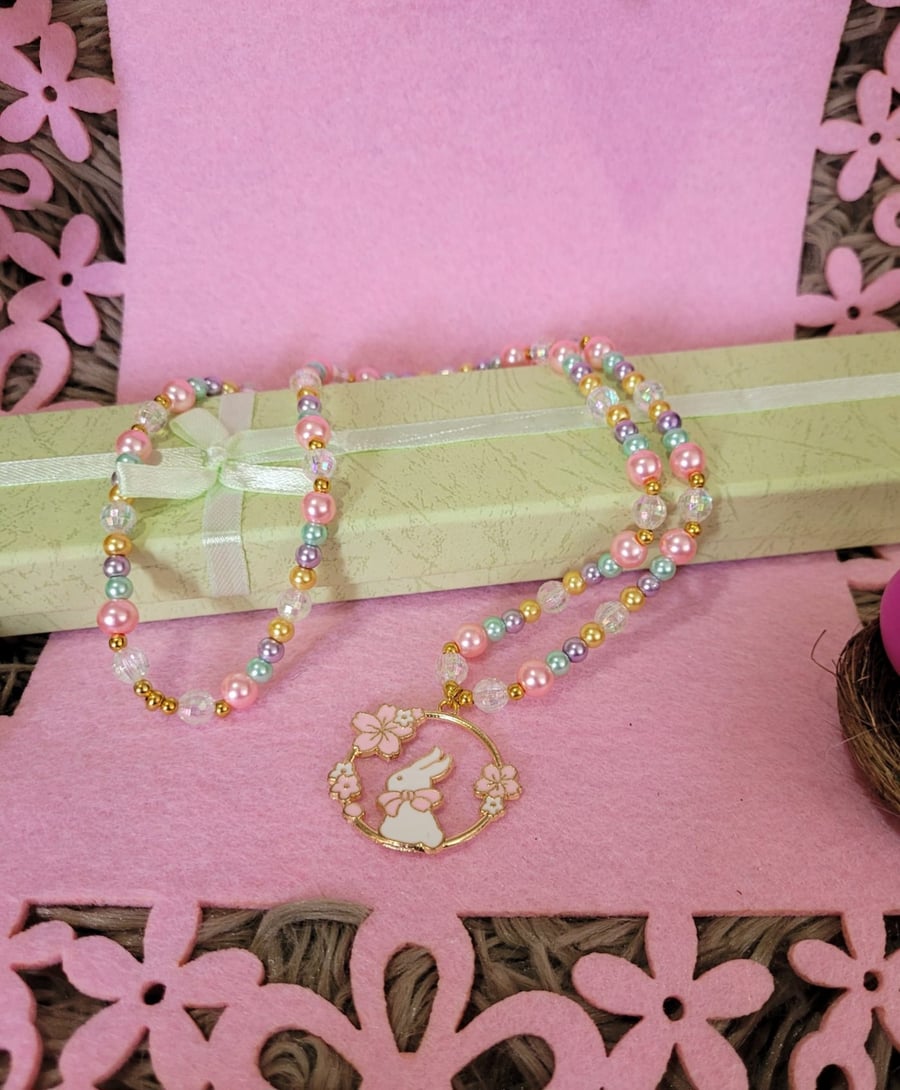 Easter Beaded Necklace - White Bunny