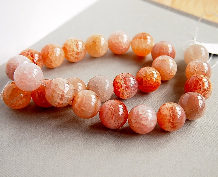 Crackle Agate 16mm Round Gemstone Beads, Orange, Beige, Grey