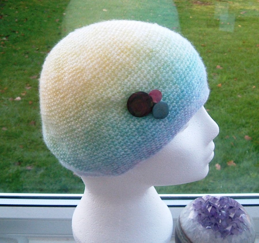 Pastel Rainbow, Crocheted beret or Slouchy Hat with Button Adornment.