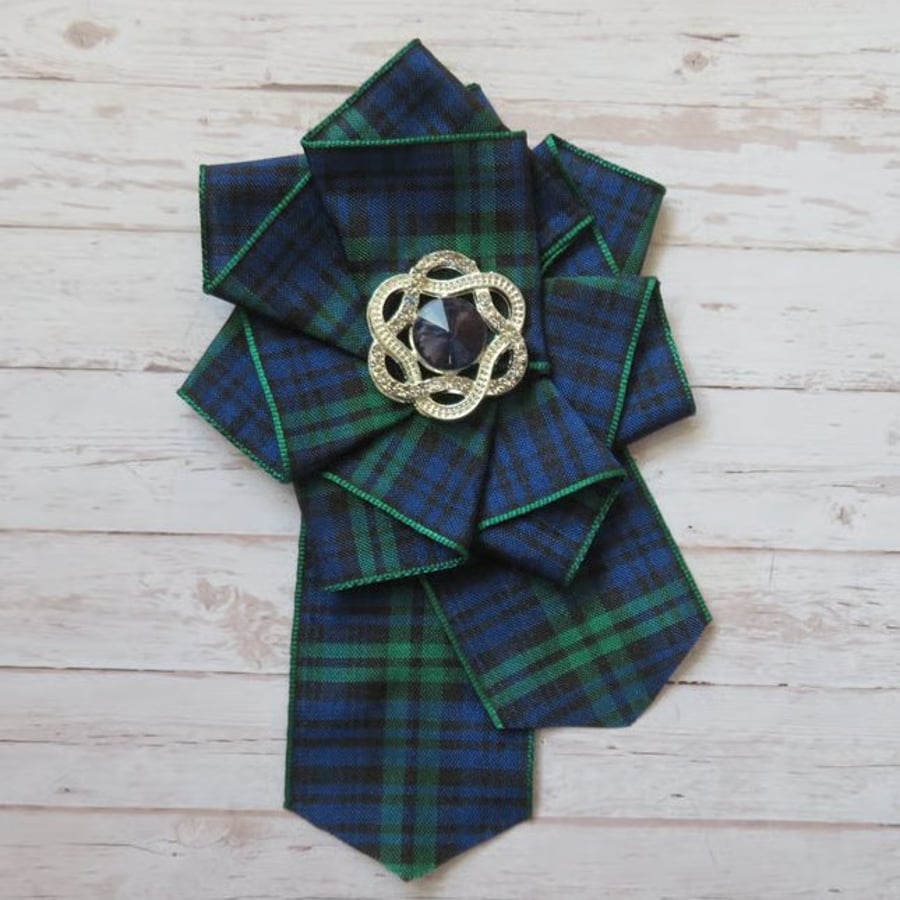 Black Watch Tartan Large Ruffle Rosette and Crystal Brooch Pin 