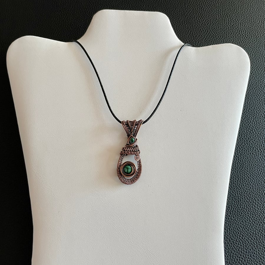 Beautiful Green and Antiqued Copper Wire Wrapped Pendant