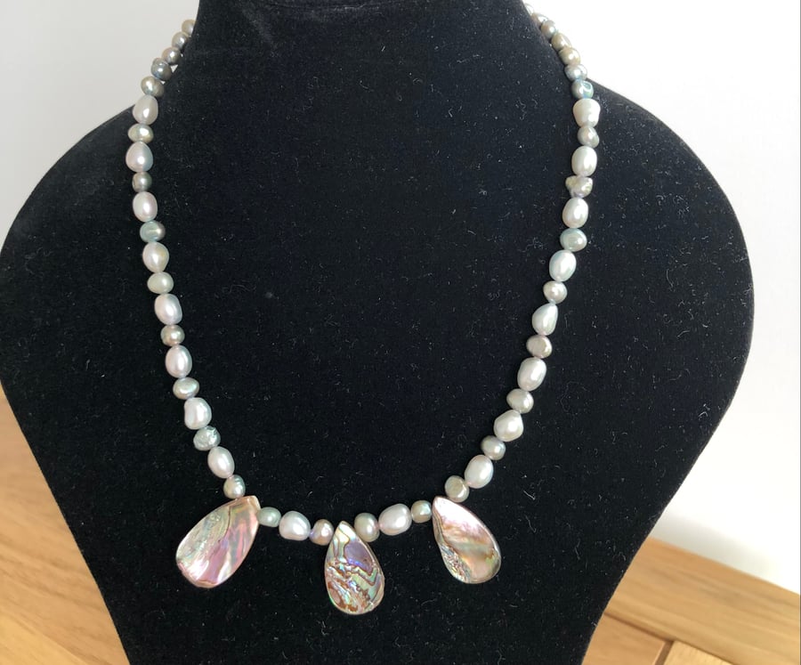 Freshwater Pearl, Abalone & Quartz 18” Necklace 
