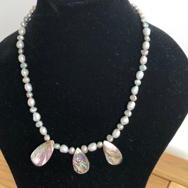 Freshwater Pearl, Abalone & Quartz 18” Necklace 