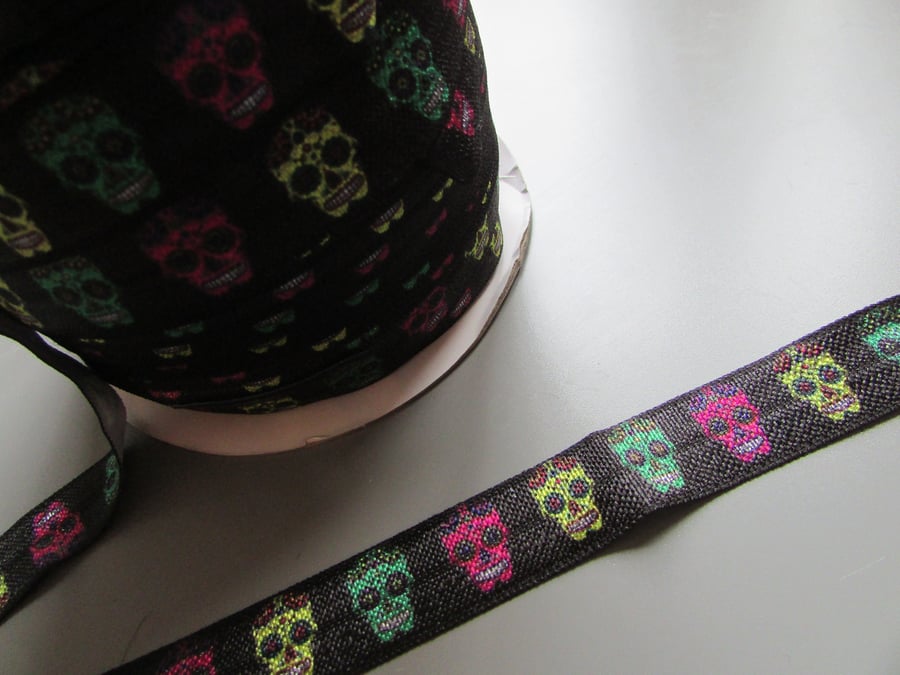 Black Sugar Skull Fold Over Elastic x 1 metre