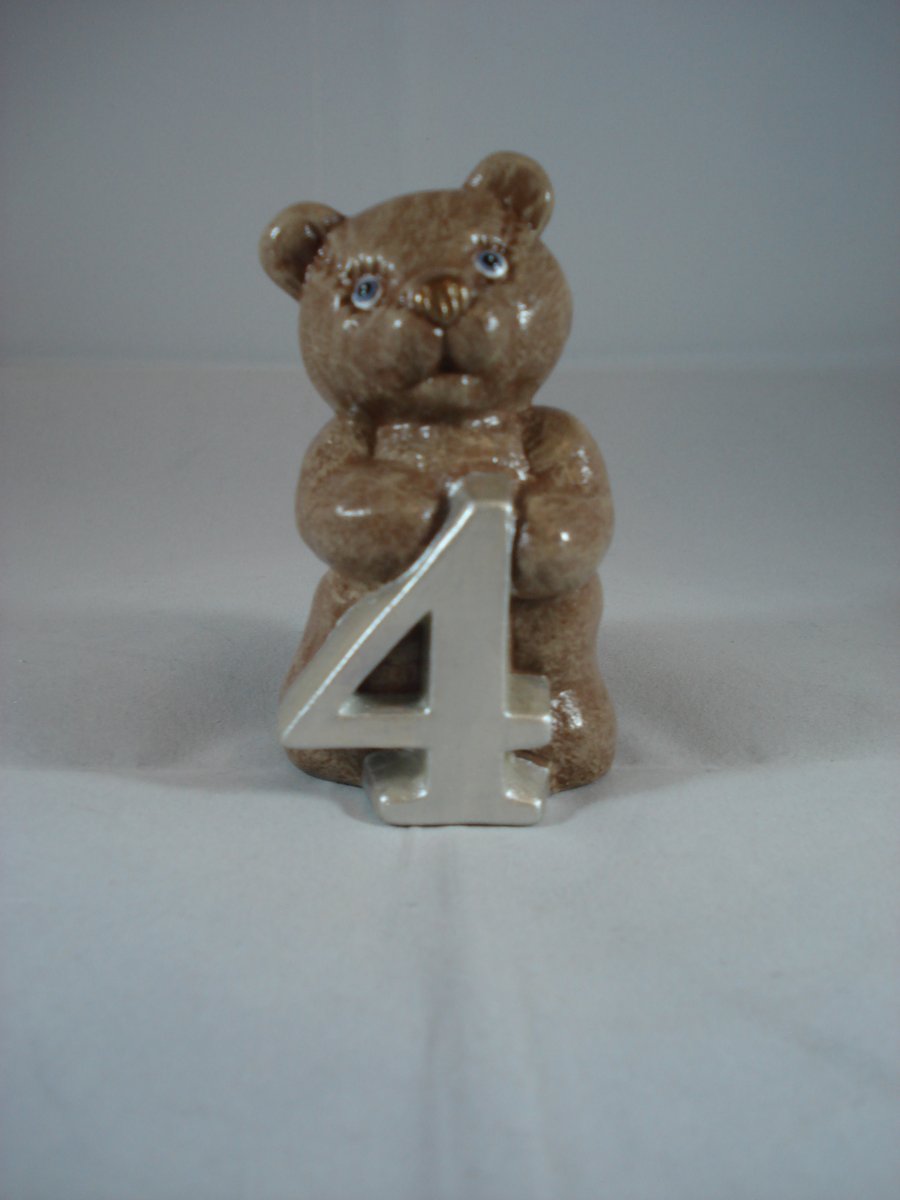 Ceramic Birthday Celebration Animal Bear Figurine Number Four Ornament.
