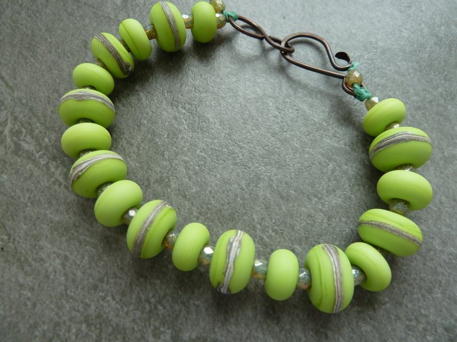 lime green lampwork glass bracelet, copper 