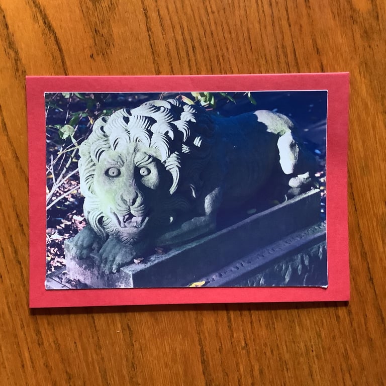 Handmade phot card of a Lion Statue in Northumberland Park
