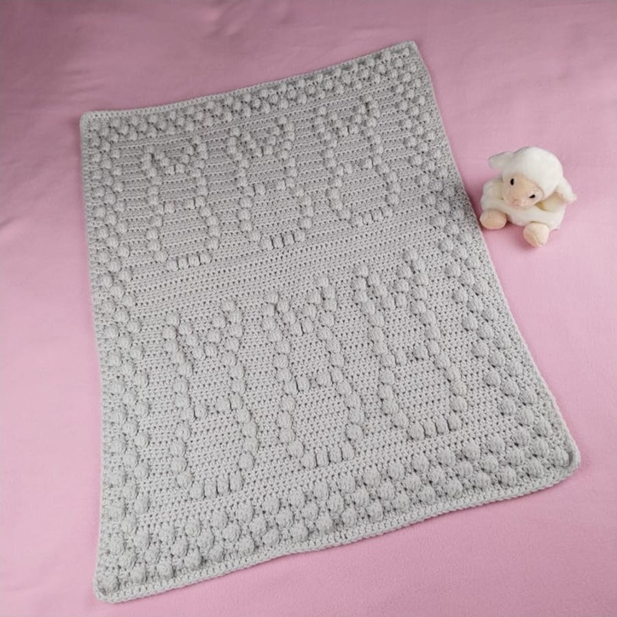 Grey Crochet Bunny Baby Blanket - Bobble Stitch Pram Blanket