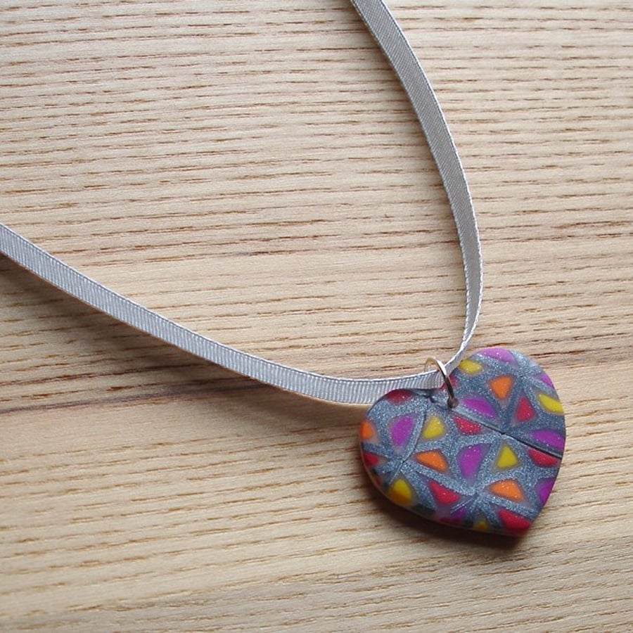 Funky Squares Heart FIMO Polymer Clay Pendant - Folksy