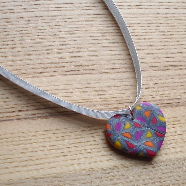 Funky Squares Heart FIMO Polymer Clay Pendant