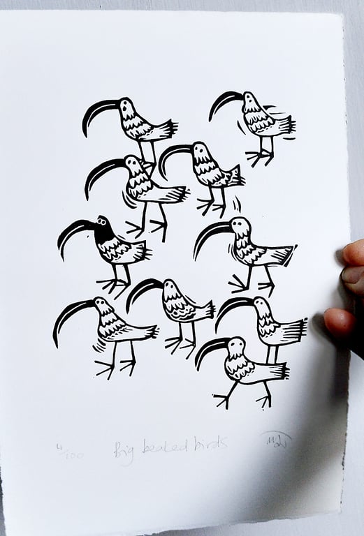 Big Beaked Birds - lino print