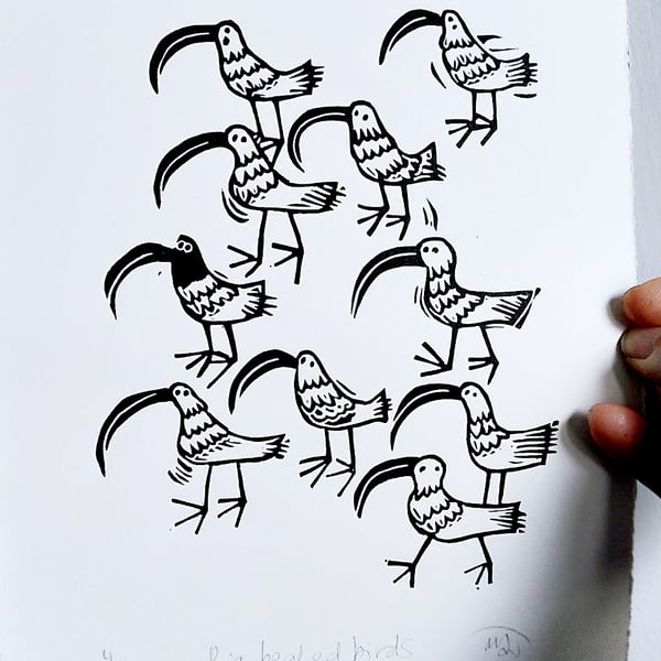 Big Beaked Birds - lino print