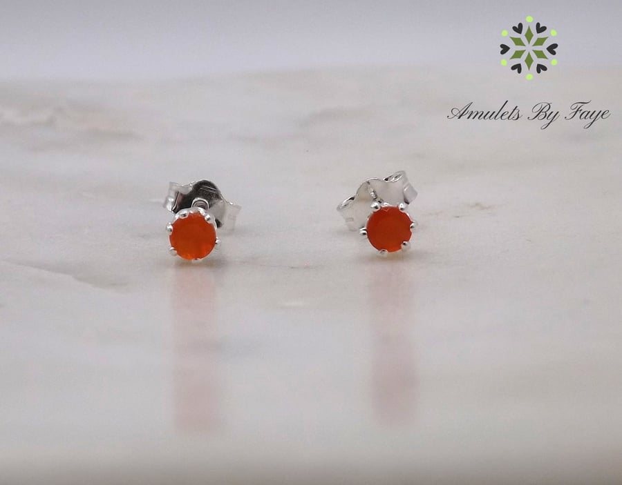 Carnelian Facet 3mm Gemstone Sterling Silver Stud Earrings.