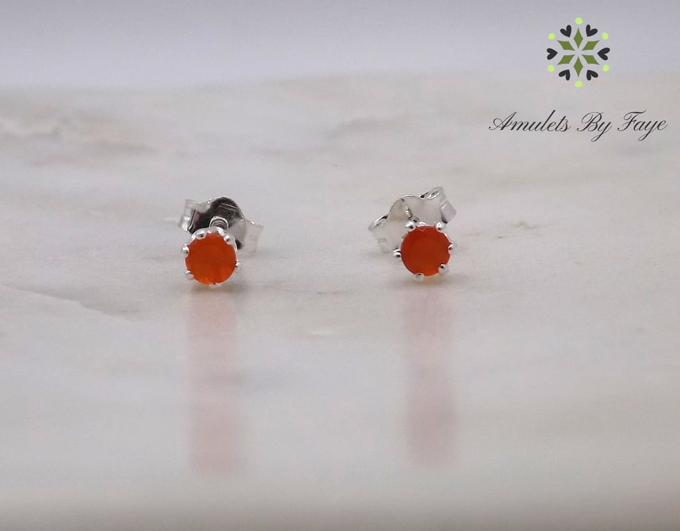 Carnelian Facet 3mm Gemstone Sterling Silver Stud Earrings.