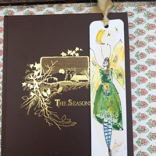  'Pretty green moth fairy ' Hand drawn and painted bookmark with silk ribbon '