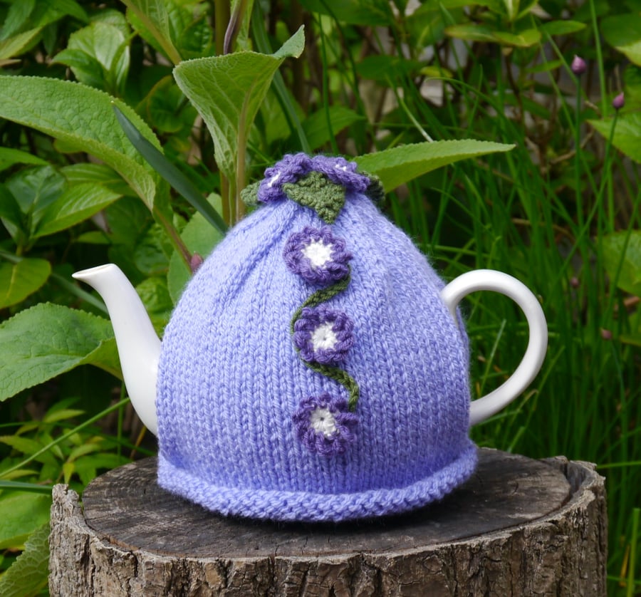 Forget-me-not Tea Cosy, Purple Crochet Flowers, Hand Knitted Tea Cosies