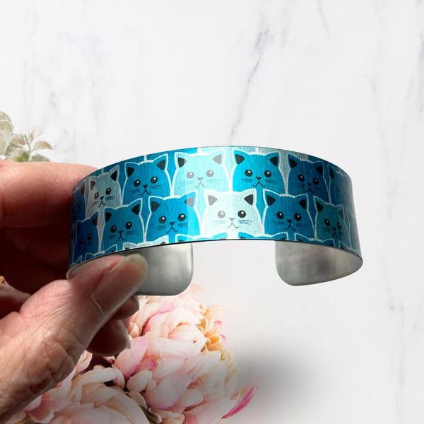 SALE blue cat face bangle, animal metal cuff bracelet. Perfectly imperfect