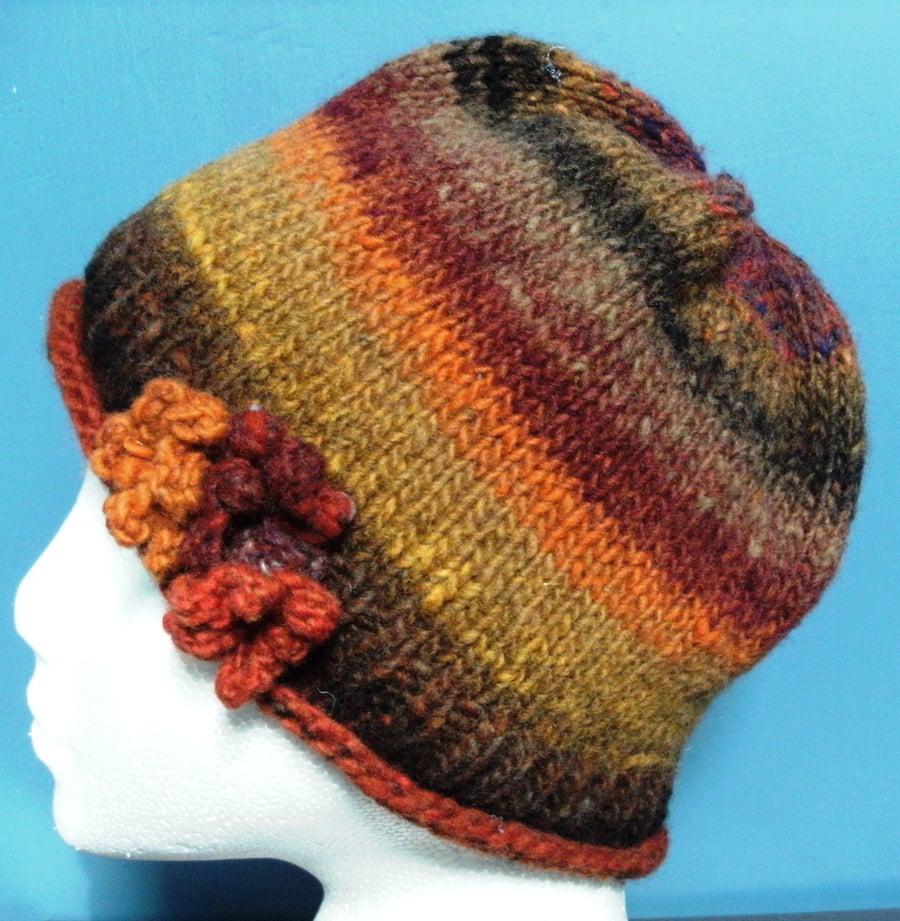 Handknit Noro 3-flowered Roll up Beanie Hat 100% wool Reds, Browns Orange, MED