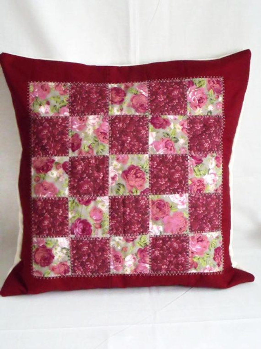 wine and floral unique patchwork quilted cushion cover, large statement pillow 