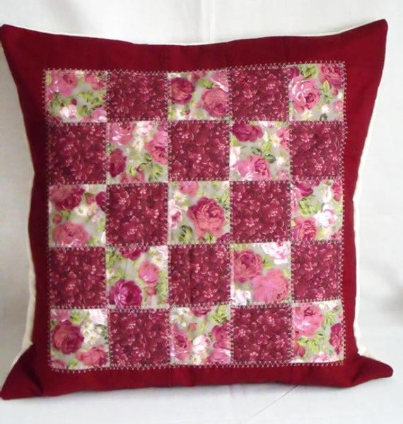 wine and floral unique patchwork quilted cushion cover, large statement pillow 