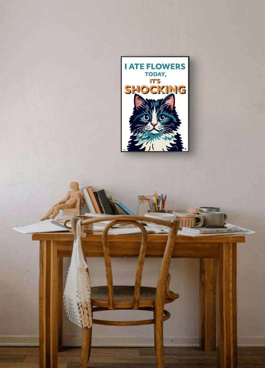Funny Cat Poster, "I Ate Flowers Today", Retro Illustration Print