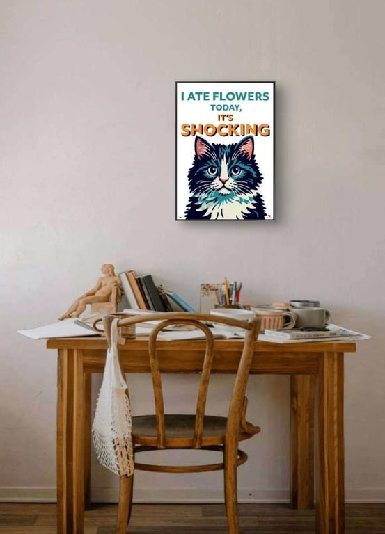 Funny Cat Poster, "I Ate Flowers Today", Retro Illustration Print