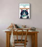Funny Cat Poster, "I Ate Flowers Today", Retro Illustration Print