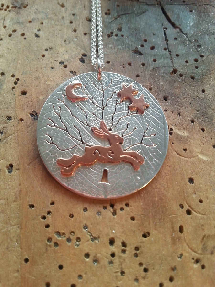 Silver Tree of Life Pendant with Copper Hare, Necklace, Freedom, Stars, Lunar