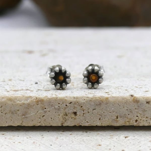 Recycled Sterling Silver Flower Stud Earrings, Carnelian Gemstones, Handmade UK