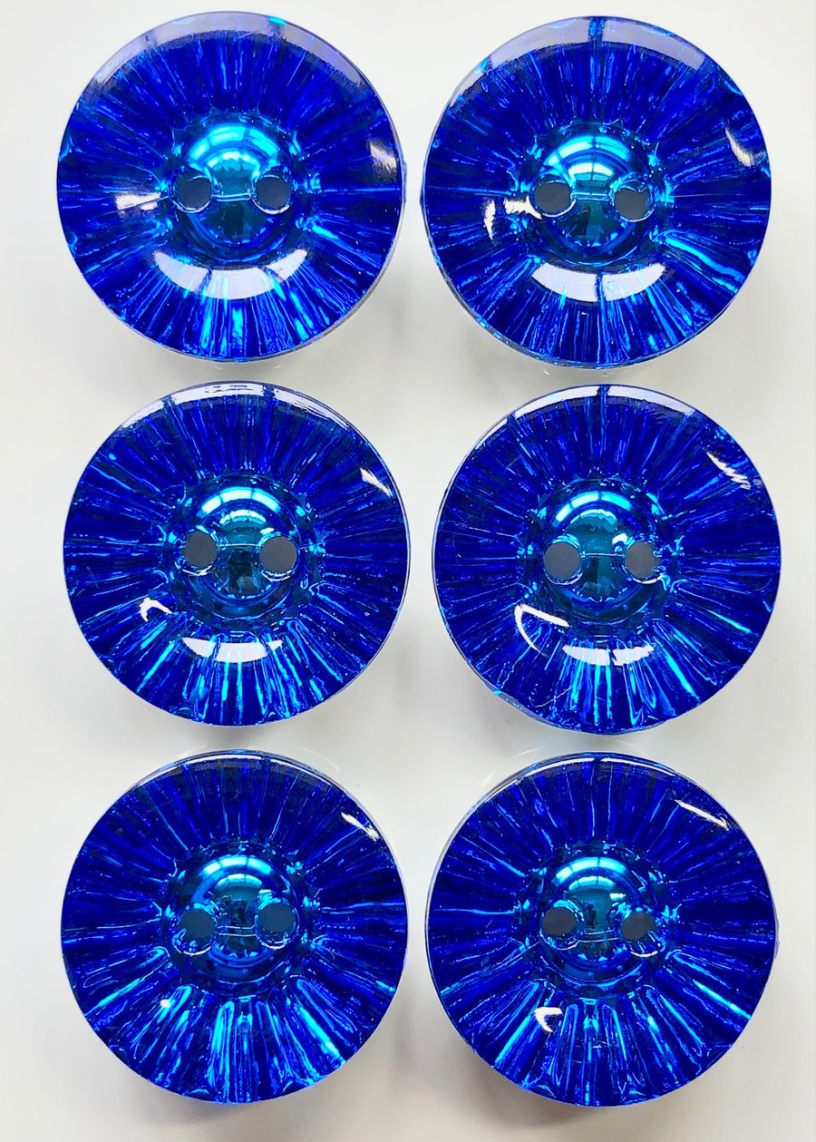 6 Crystal Style Dish Buttons, Blue, 18mm Wide, Sparkly, Acrylic, Silver Back