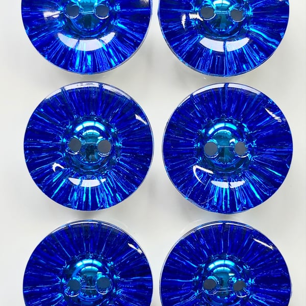 6 Crystal Style Dish Buttons, Blue, 18mm Wide, Sparkly, Acrylic, Silver Back