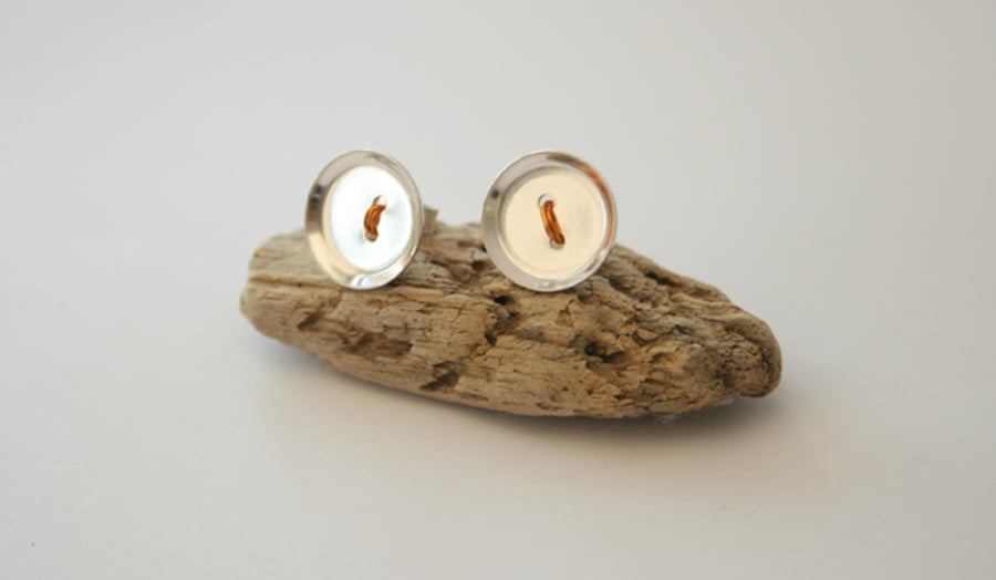 Silver Button Stud Earrings With Copper Wire Accent