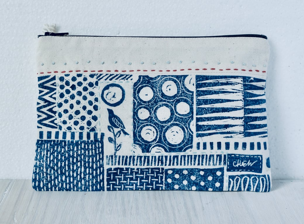 A unique hand printed pouch with hand embroidery made by Linda in Hampshire