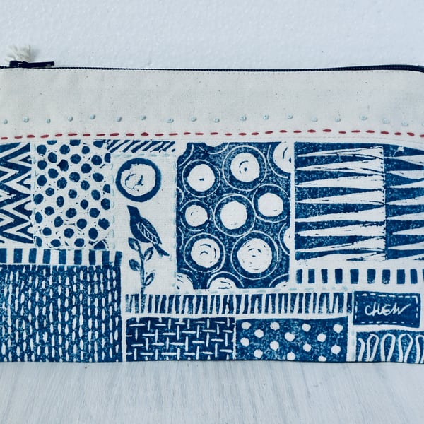 A unique hand printed pouch with hand embroidery made by Linda in Hampshire