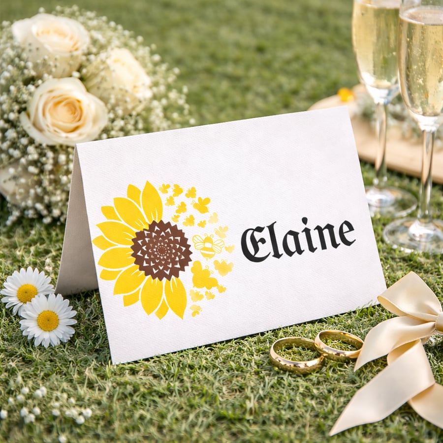 Sunflower Wedding Name Cards Folded Place Cards Handmade