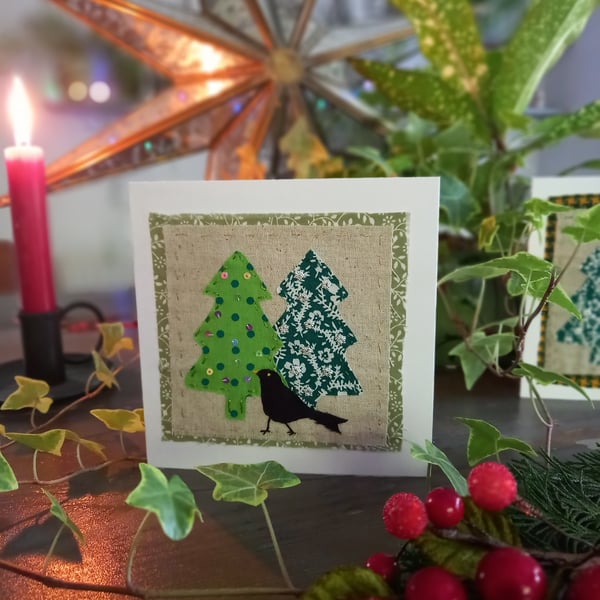 Hand stitched Christmas card, textile art card, blackbird and Christmas trees 