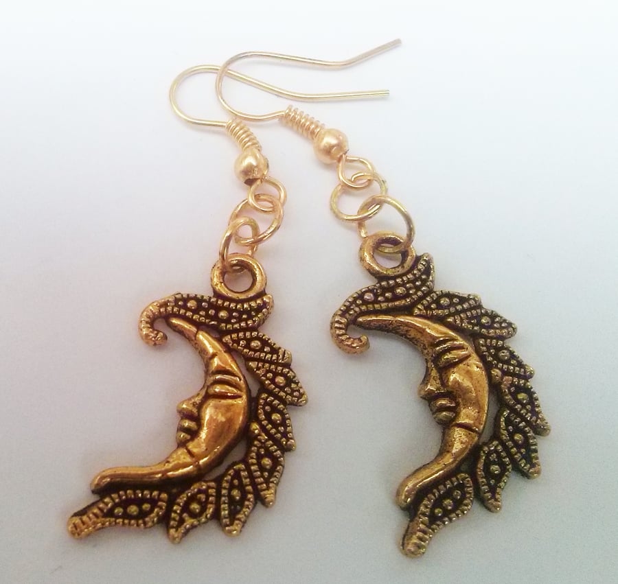 Gold Plate Moon Face Drop Dangle Charm Earrings