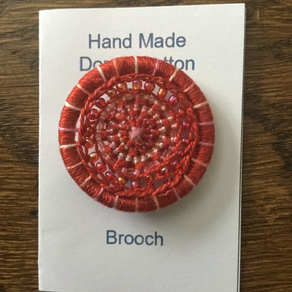 Beaded Dorset Button Brooch, Russet and Pink, B12