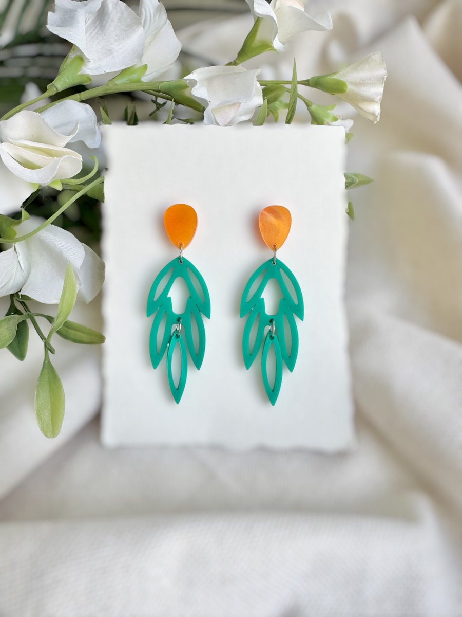 Teal Botanical Drop Earrings - Orange and Green Acrylic Earrings