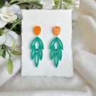 Teal Botanical Drop Earrings - Orange and Green Acrylic Earrings