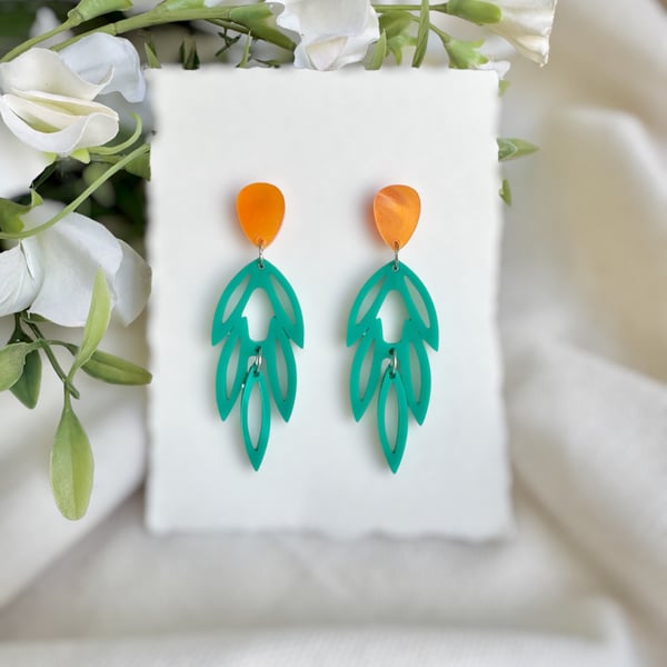 Teal Botanical Drop Earrings - Orange and Green Acrylic Earrings
